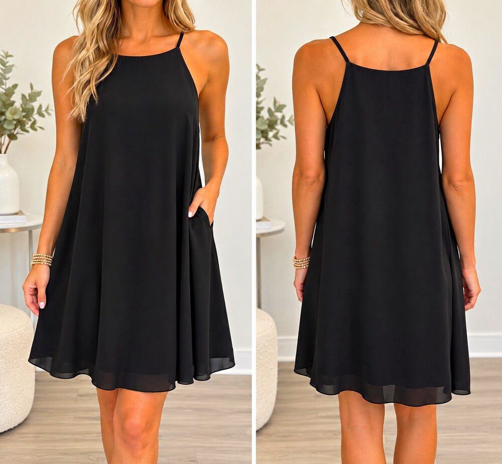 Pink Rose Women's Chiffon A-Line Scoop Neck Spaghetti Strap Dress XL Black